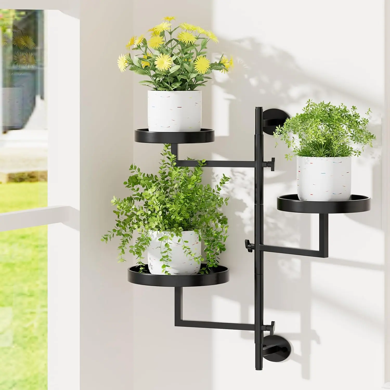 3-Tier Rotating Wall Mounted Plant Holder - Black Metal Floating Shelf Bracket, Heavy Duty Flower Pot Hanger Hardware for Indoor Home Decor