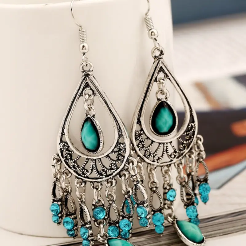 Bohemian Water Drop Shape Tassel Accents Statement Earrings, Vintage Ethnic Style, Elegant Accessory Women's Party Ready Holiday Jewelry, Trendy Fashionable Dangle Design Earings, Trendy Jewellery Accessories, Boho Earrings, Earrings for Decorative