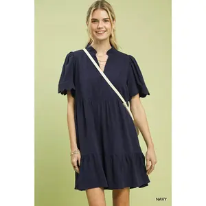 Umgee Linen Tiered Babydoll Dress with Scalloped Sleeves