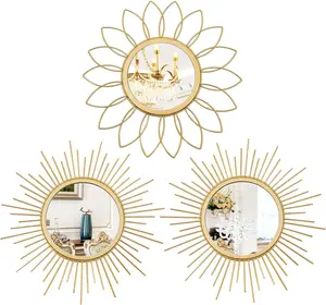3 Pack Gold Mirrors for Wall Metal Sunburst Wall Mirrors Home Décor Decorative Hanging Wall Art Elegant Glass