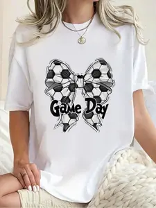 100% cotton Coquette Bow Soccer Game Day Soccer Mom Mama Soccer Team T-Shirt Print Crew Neck Casual T-shirt short Sleeve Sports Top, Smart Casual/street Style Women's Clothing