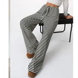 Woman's Striped Ribbed Knit Wide Leg Pants, Soft Breathable Stretchy Anti-wrinkle Slimming Drawstring Pants, Hide Hip Fat Shape Legs Elongate Figure, 2 Colors American Casual Trousers, For Home Shopping Dating Outing Light Sport