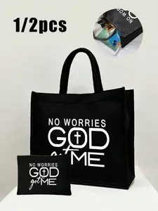 Faith-themed canvas tote bag printed with "Don't worry, God is with me". Large capacity with zipper design, doubles as makeup bag. Ideal religious inspirational bag for daily use and church activities.