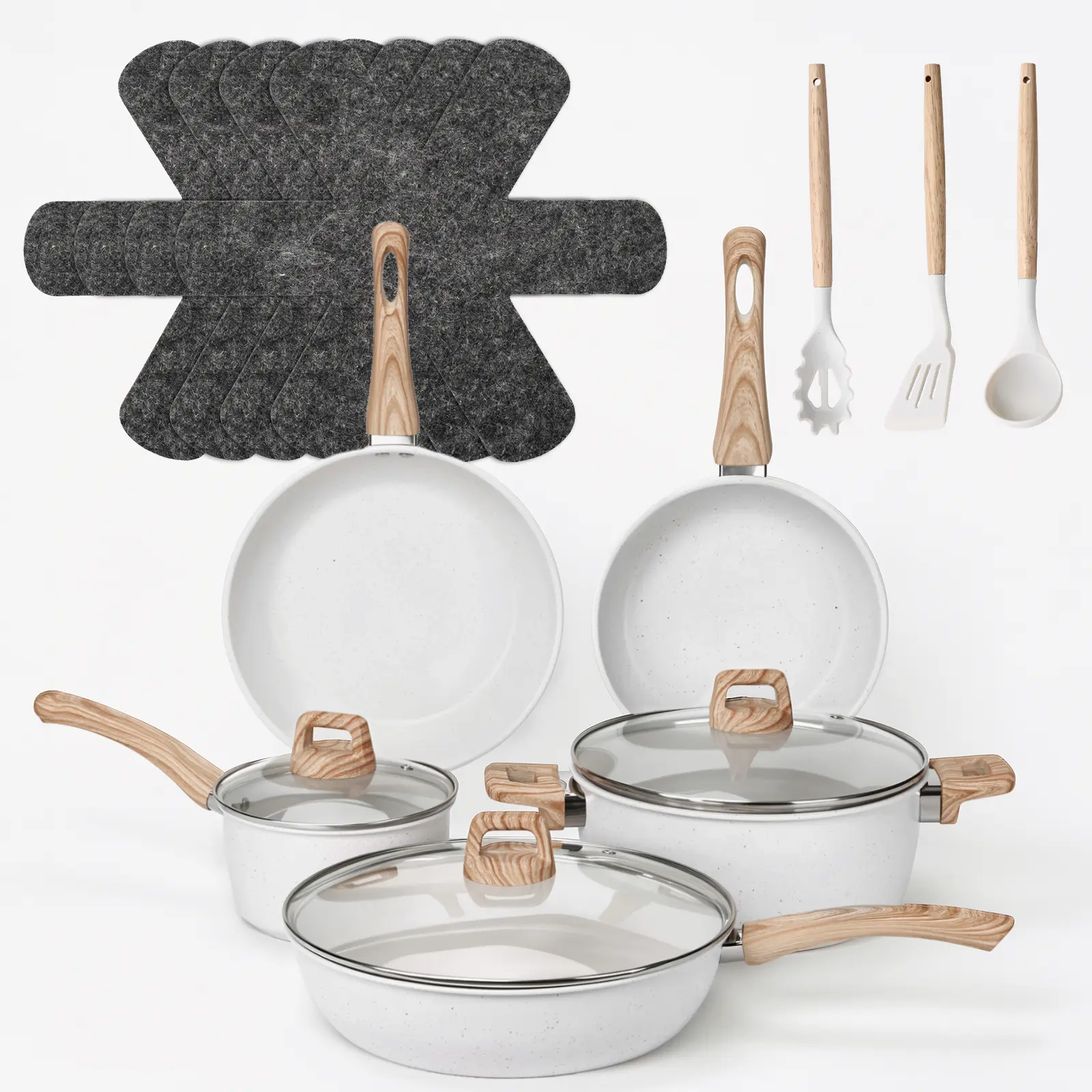 LOVEWE 12Pcs Nonstick Cookware Set - Induction Compatible, Easy to Clean, Fit All Stovetops, Even Heating, Stay-Cool Handles, Includes Frying Pans & Saucepans Bakeware(3 free utensils included) Aluminium Lightweight