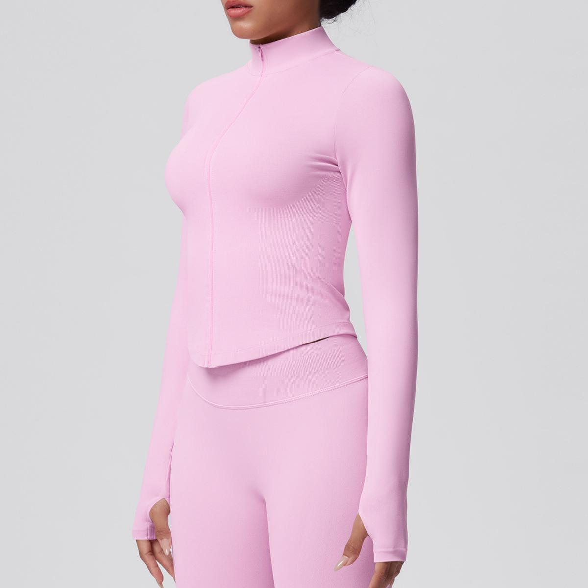 Women's Ribbed Cropped Yoga Jacket, Breathable Long Sleeve Zip-Up Compression Activewear with Thumb Holes for Gym & Running, Plus Size, Female, Large, Normal Type, Thumbhole Cuff, Tight, Slim-Fitting, Stretchable, Thumbholes, Slim Fit, Stretch Fabric