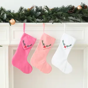 Personalized Embroidered Christmas Stocking with Holly Berry & Bow Design in Multiple Colors Linen Sock for Holiday Decor Gift Bag for Christmas Presents & Home Decoration hanging  stockings