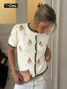 Women's Round Neck Colorblock Button Front Floral Embroidery Summer Casual Fashion Aesthetic Knit Short Sleeve Cardigan