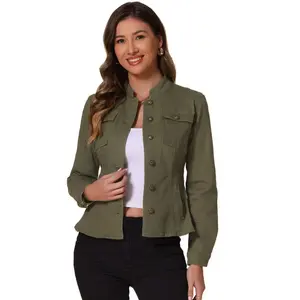 INSPIRE CHIC Women's Button Front Stand Collar Long Sleeve Jean Jackets with Pockets X-Small Green
