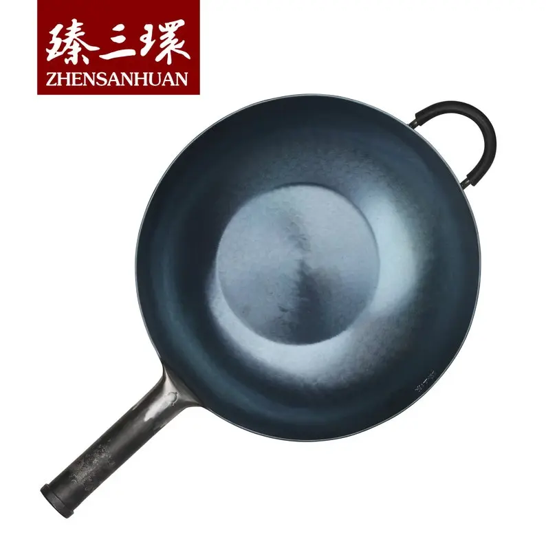 ZhenSanHuan Hand-Hammered Pre-Seasoned Chinese Wok - 12-13 Inch Flat Bottom, Iron Handle, Induction-Safe, Eco-Friendly Cookware Pans