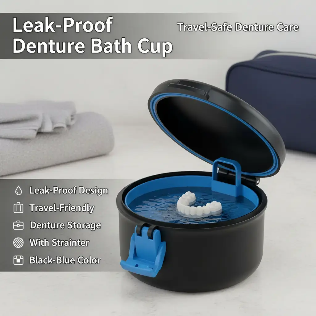BVN Leak-Proof Denture Soaking Cup with Strainer, Travel-Friendly Storage for Dentures or Retainers (Black-Blue) Oral