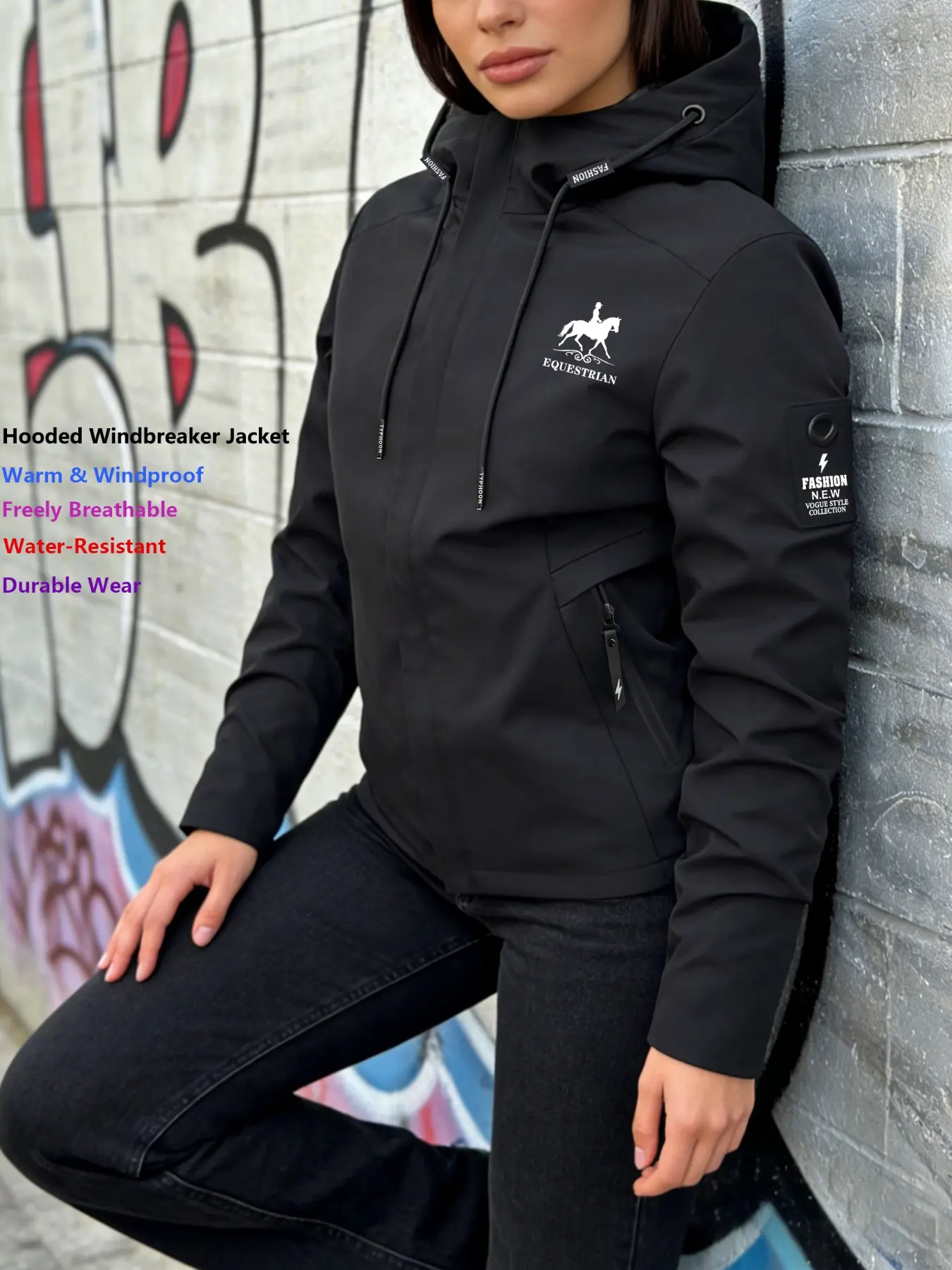 Womens Hooded Windproof Jacket Equestrian Rider Print Outdoor Sports Jacket Coat Stand Collar Loose Warm Windbreaker for Hiking Skiing Camping Breathable Machine Washable Lightweight All Season Outerwear Practical Pockets Durable Zipper Casual Daily Wear