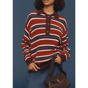 Women Striped Sweatshirt Collared Button Up Pullover 100 Percent Polyester Maroon Fall Sweatshirts