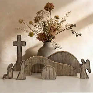 Empty Tomb Easter Scene and Cross Decoration, Wooden Easter Resurrection Scene Cross Jesus Tomb Tray Set, Jesus Nativity Scene Decor for Religious Home Office Tabletop Christian Gifts