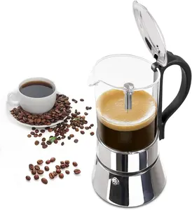6 Cup Glass Transparent Moka Pot Stainless Steel Uncoated Stovetop Espresso Maker Italian Coffee Makers Mocha Greca Machine Cafe Classic Induction Cookers for Home Camping 350ml