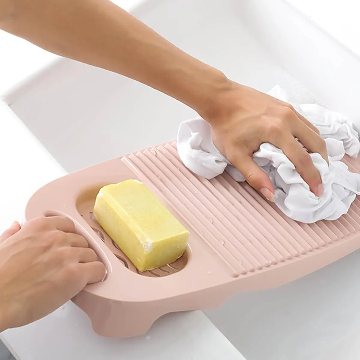 Blush Pink Durable Plastic Oval Washboard with Built-in Soap Rack - 8 × 1 × 17.7 In Lightweight Portable Laundry Tool, Effective Cleaning Home Supplies Accessory for Daily Hand Washing, No Hurting Hands