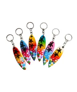 Air Brush Hibiscus and Palm Tree Surfboard Keychain