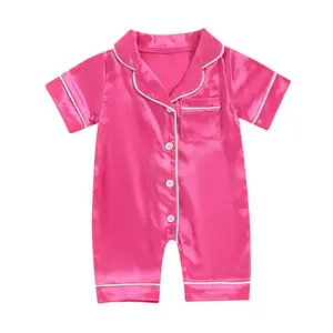 Calsunbaby Infant Baby Girl Boy Silk Jumpsuit Pajamas Short Sleeve Button-Up Satin Pjs Footie  Romper Pajama Nightgown