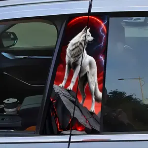 2Pcs White Wolf car sticker in the scene of Blood Moon Lightning, floral design, vinyl material, scratch-resistant, waterproof and sunscreen PVC, vehicle B-pillar protective film.