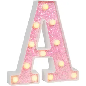 Pink Glitter Marquee Light Up Letters, Battery Operated LED Letter Lights Signs for Pink Birthday Party Table Decorations, Wall Decor for Girls Bedroom, Initial Letter A with Warm White Lights