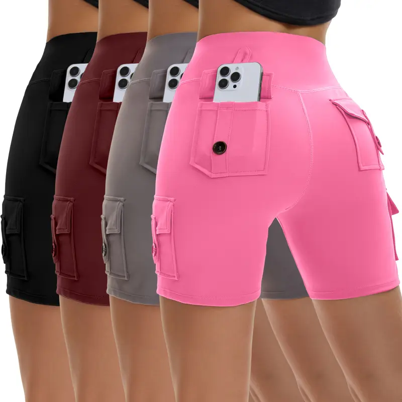 Women's 4-Pack High-Waist Cargo Biker Shorts - Multi-Button Side Cargo Pockets, Stretch Polyester Blend Activewear, Squat-Proof Soft Opaque Fabric, Tight Fit Athletic Fitted Sporty Women's Sports Shorts for Gym, Running, Shorts For Women