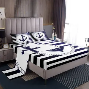 Feelyou Nautical Microfiber Luxe Bed Sheet Set - Navy Anchor Stripe, Geometric Blue Stripe, Retro Ocean Navigation Design, Deep Pocket Fit, Multi-Size Flat & Fitted Sheets for Kids - Serene Sleeping Experience