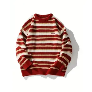 Men'S Christmas Striped Chunky Knit Sweater, Vintage Color Block Japanese Style, Casual Round Neck, Polyester, Regular Length, Long Sleeves, Loose Fit, Knitted Fabric Collar Knitwear Menswear Stretch Tops Knife Crewneck