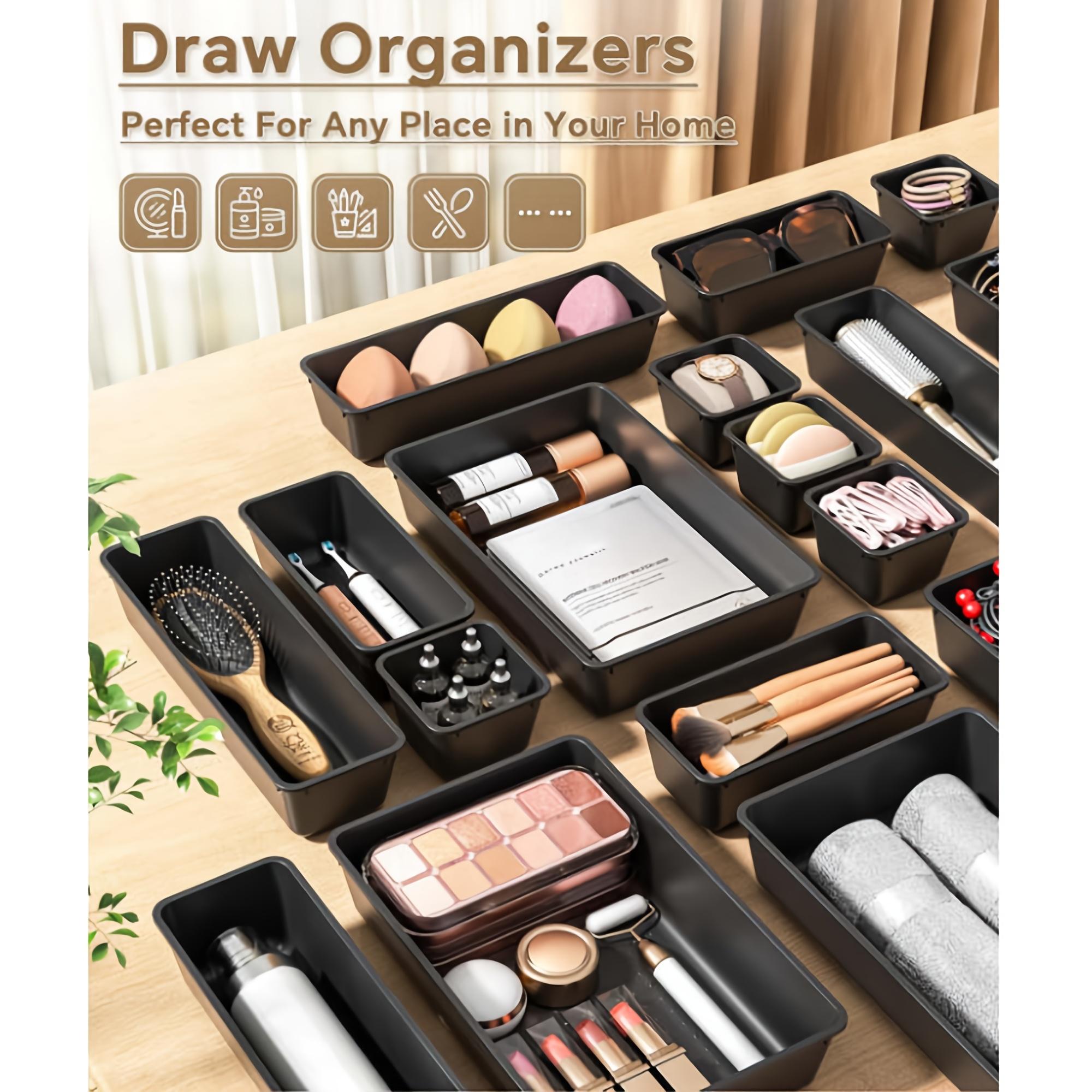 62-Piece Black Storage Container Set Flatware Organizers And Kitchen Drawer Dividers (Black) Organizing Desk Drawers Set Of 62pcs Clear Storage Trays