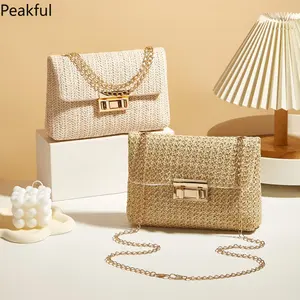 Woven Straw Handwoven Women's Shoulder Bag, Fashion Solid Color Crossbody Purse with Lock Closure