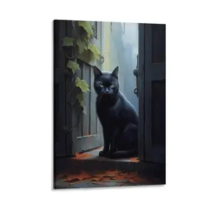 Intriguing Black Cat Doorway Print – Colorful Realistic Canvas Wall Art Featuring A Staring Cat Against A Halloween Background, Ideal for Pet Lovers And Festive Decor Canvas Poster Decor Gift Frames Ornaments Artistic Decoration Room Photo