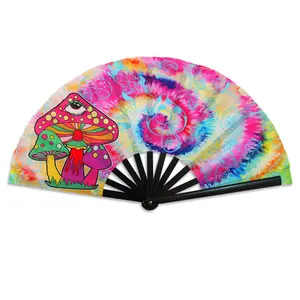 Flags Importer Durable 25 in Plastic-Polyester Hand Fan, Mushroom Artwork Tie Dye Blacklight Home Decor Accessory