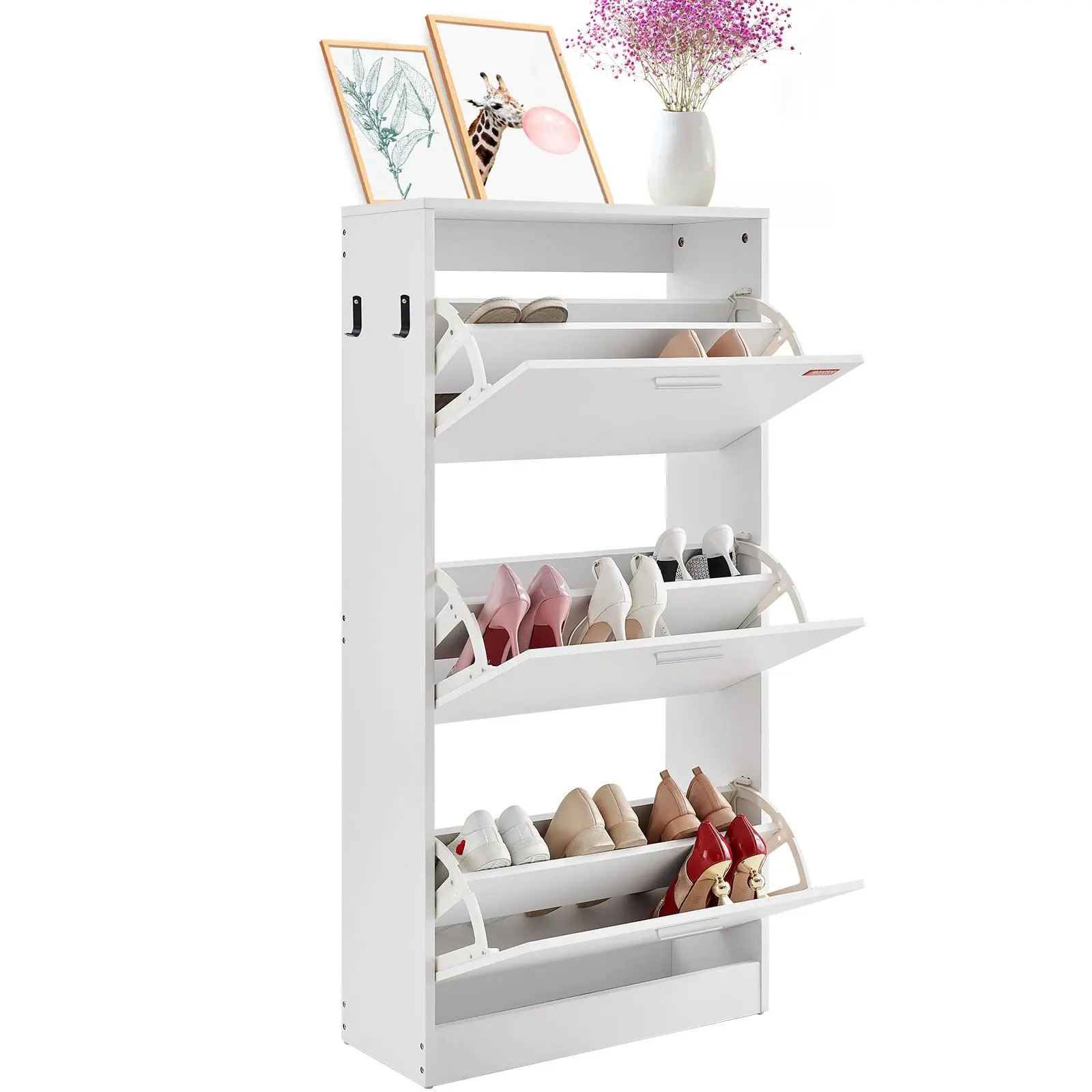 【Summerfinds】Minimalist Wood-Aluminium Free-Standing Shoe Rack Organizer Cabinet - 3 Flip Drawers, Side Hooks, Storage for Entryway, Easy Setup, Assembly Required, Decor-Friendly for Heels, Boots, Slippers (Shoe Organization Solution), Durable