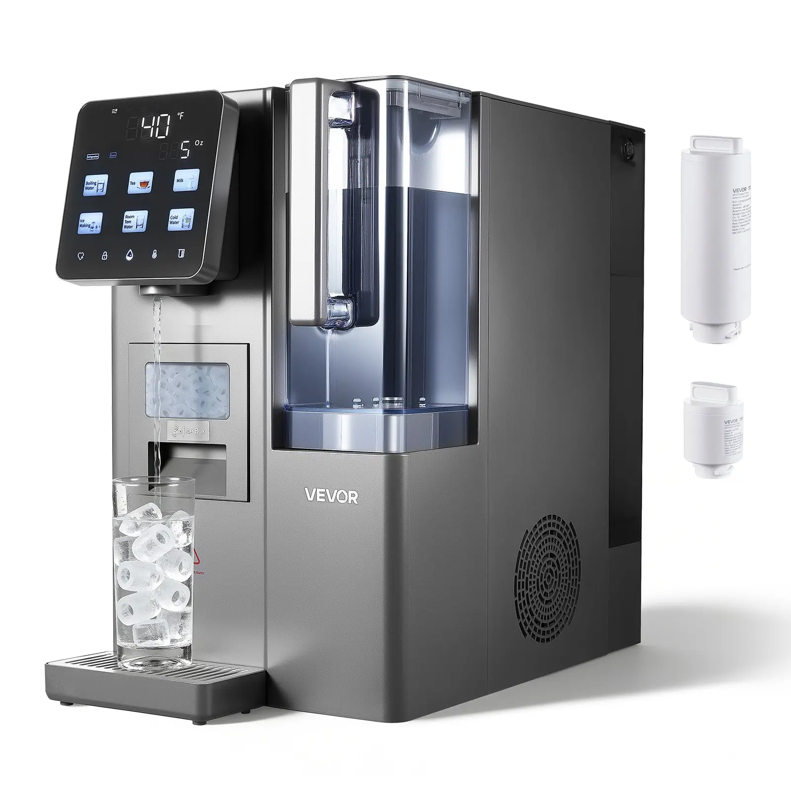VEVOR Compact Plastic Countertop Ice Maker Water Filter Dispenser, 4-in-1 Machine with Room Temp, Hot & Cold Water, 6-Stage RO + Mineralization Filters, 490x270x448mm, AC120V 60Hz for Home Office
