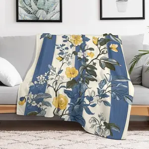 Flannel Fleece Blanket, Blue & Yellow Chinoiserie Floral Stripe Aesthetic Design Soft Throw, Cozy Warm Vintage Garden Gift for Couch Bed