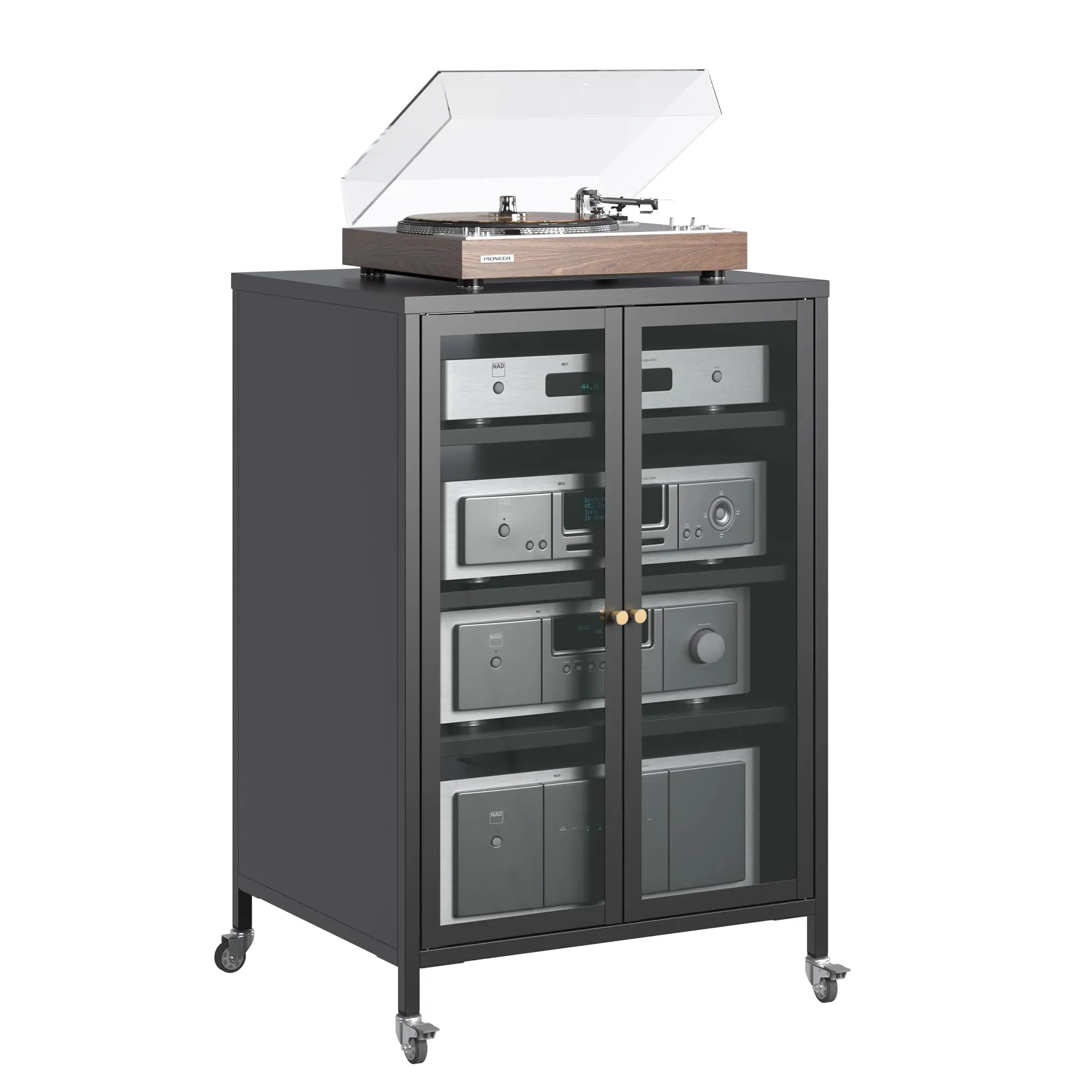 Black Metal Stereo Cabinet with Glass Doors, 4 Adjustable Shelves Audio-Video Media Stand, AV Storage Cabinet for Living Room, Meeting Room (Requires Assembly)