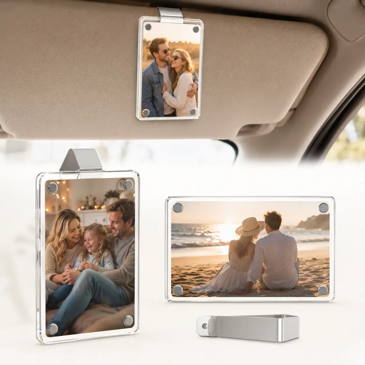 2 sets of car sunshade photo frame holders, acrylic snap-on clips, universal compatible type, 3.5x2.3 inch frame, suitable for decorating cars for couples, families and pets (only the frames are for sale)