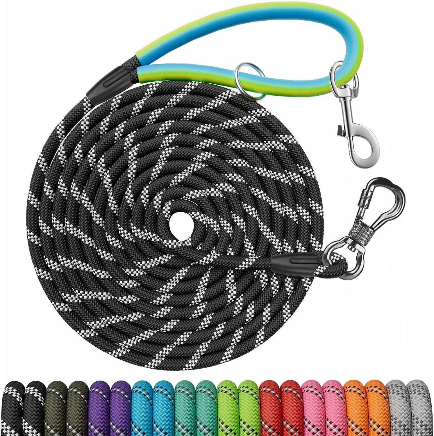 30 FT Dog Leash, Obedience Recall Training Agility Lead with 2 Swivel Hooks, Reflective Threads and Soft Handle for Small Medium Large Dogs, Walking, Hunting, Camping - Black