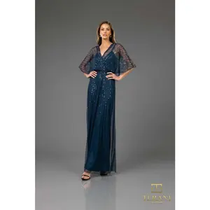 TERANI 251M4613 V-neck Sequin Long A-line Dress