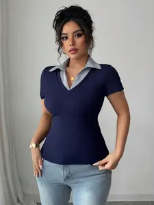 Women's Striped Lapel Fake Two-Piece T-Shirt, Summer Design Slim Fit Short Sleeve Top, Trendy and Fashionable Ladies' Clothing, Womenswear