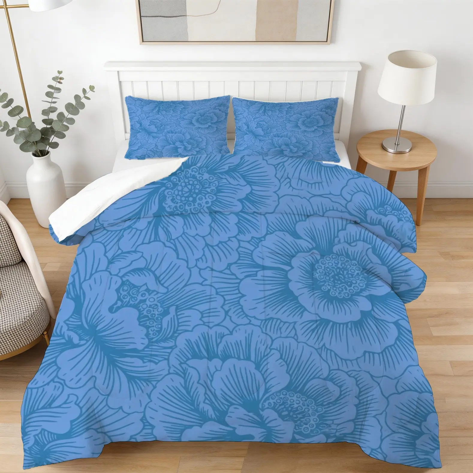 2/3-Piece Monochrome Floral Print Comforter Set, HD Digital Flower Pattern Bedding, U-Shape Quilted Craft, Soft & Breathable All-season Comforter (No Pillow Inserts Included), Suitable for Twin/Full/Queen Size Bedrooms