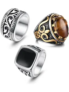 3Pcs Stainless Steel Signet Biker Rings for Men,Retro Vintage Tiger Eye Stone Mens Ring, Black Celtic Knot Band Rings Size 7-13