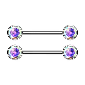 Threadless Push-in Bezel Set CZ Crystal Nipple Barbells - G23 Implant Grade Titanium - Pair