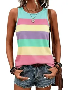 Women's Summer New Fashion Casual Round Neck Sleeveless Wide Striped Print Tank Top, Loose-Fitting, Perfect for Vacation and Outing