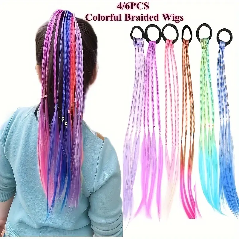 Girls' 6-Pack Rainbow Braided Wigs - Soft Polyester Hair Braids with Elastic Bands, Female Synthetic Hair Extensions for Birthdays, Cosplay, Y2K Swag, Unicorn Core, TikTok Dance Challenges