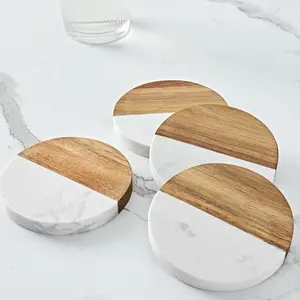 Marble and Acacia Wood 4 piece Coaster set Tableware Wooden