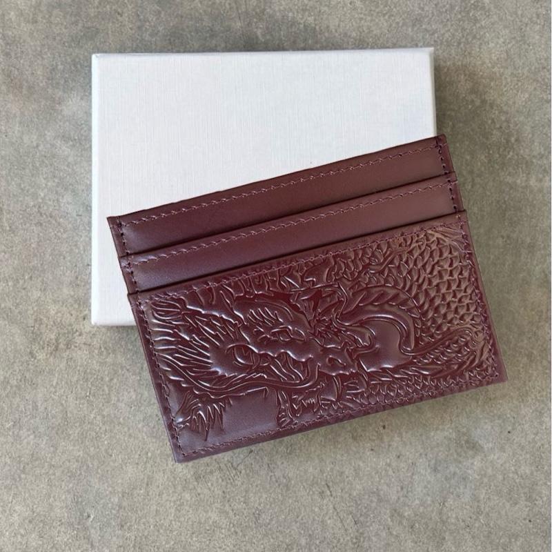 Ryuu Maroon Genuine Leather Card Holder with Embossed Japanese Dragon Design 4 Card Slots 1 Cash Slot Trifold Wallet Solid Color RFID Anti-Theft