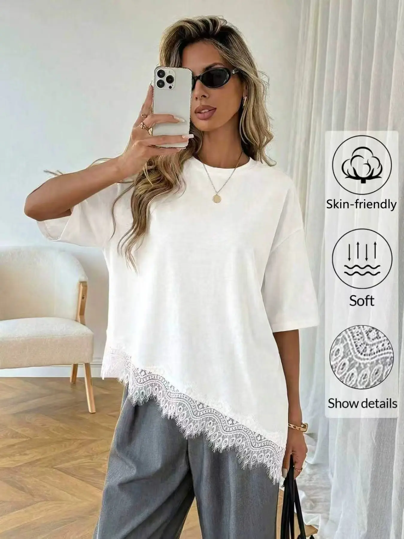 Women's Casual Basic Solid Color Asymmetrical Hem Lace Patchwork Round Neck T-Shirt, Daily Wear, Spring/summer Cotton Top, Asymmetrical Design, Womenswear