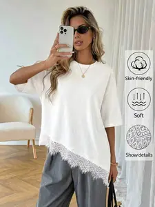 Women's Casual Solid Color Asymmetrical Hem Lace Patchwork Round Neck T-Shirt, Daily Wear, Spring/summer Cotton Top