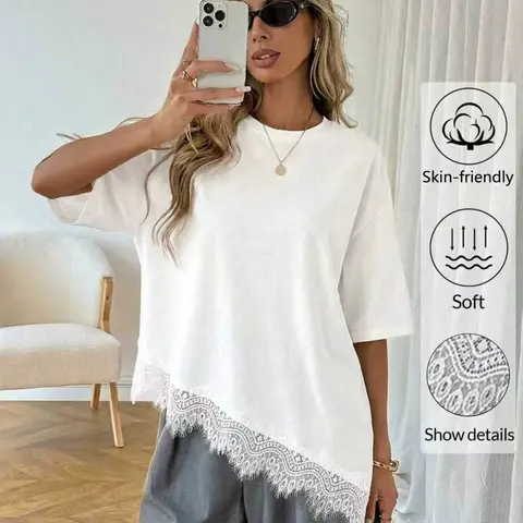 Women's Casual Basic Solid Color Asymmetrical Hem Lace Patchwork Round Neck T-Shirt, Daily Wear, Spring/summer Cotton Top, Asymmetrical Design, Womenswear