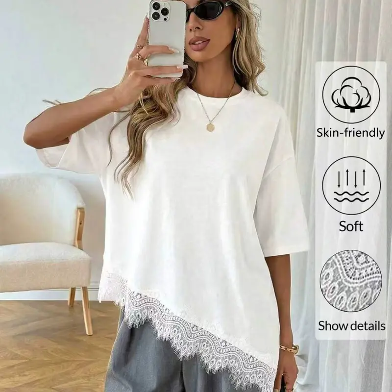 Women's Casual Basic Solid Color Asymmetrical Hem Lace Patchwork Round Neck T-Shirt, Daily Wear, Spring/summer Cotton Top, Asymmetrical Design, Womenswear