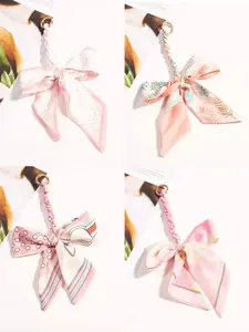 Elegant Long Silk Scarf Bow Pendant, Geometric Pattern, All-Season Sweet Style, High-Quality Chain Accessory, Perfect for Bags